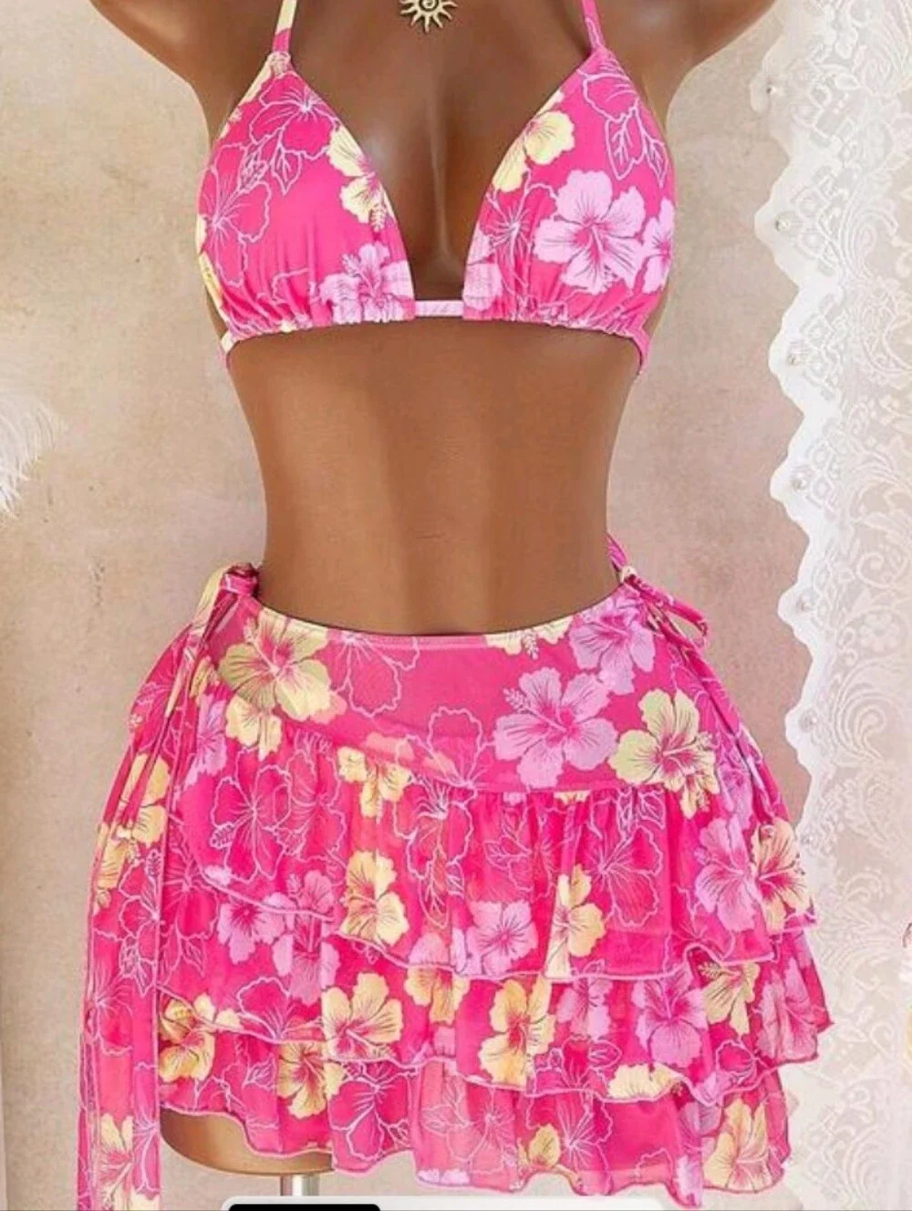 Women’s Pink Floral Bikini Set with Ruffle Cover-Up
